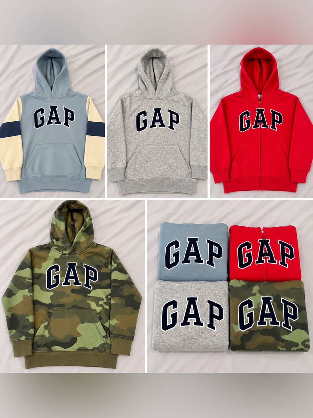 GAP Kids Hoodie Bundle — Light Blue, Gray, Red, Camouflage